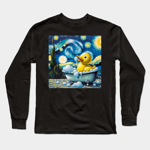 Starry Night Duck: Whimsical Bubble Bath Day Tee in Van Gogh Style Long Sleeve T-Shirt by Edd Paint Something